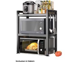 3-Laags Uitbreidbaar Magnetron Rek (40CM-64CM) Keukenopslag/Rekken/Staanders/Houders/Magnetron Rekstandaard - Magnetronkast - Keukenkast Organizer - Aanrecht Organiser - Ovenkast - Zwart - RVS - Metaal