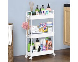 3-laagse opbergtrolley kar. Uitschuifbare slanke rollende boodschappenkar. Mobiele opslag rekken organizer voor keuken, badkamer, wasruimte, slaapkamer en smalle plaatsen, kunststof, zwart