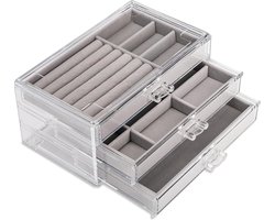 3 Lade Sieradendoos Acryl Fluwelen Sieraden Organizer voor Oorbellen Bangle Armband Ketting Ringen Dressoir Dressoir Cadeau voor Dames Meisjes (Transparant, Grijs)
