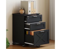 3-Laden Archiefkast met Slot - Mobiele Hangmappen Kast voor Thuiskantoor - Houten Opbergkast voor A4/Letter/Legal Documenten - Zwart