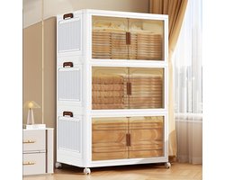 3 Lagen Opbergdozen met Deksel - 81L Opbergdozen Opbergkast Opvouwbaar - Opbergkasten met wielen en deuren - Breedte 45cm- Opbergen Organizer stapelboxen - Opruimen - Keuken - Badkamer - Woonkamer - Slaapkamer
