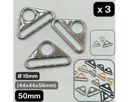 3 METALEN GESPEN in DRIEHOEKVORM MET GAT, Breedte 50MM, wordt gebruikt in TASSEN, TENTEN, SCHOENEN enz..., Kleur ZILVER