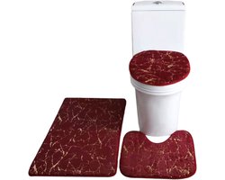 3-Pack Badkamermat Toiletbrilhoes U-vormig tapijt Antislip Zacht tapijt Absorberend Marmeren deurmat Badkamermat Zittinghoes - Tapijtset - Rood