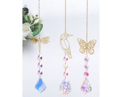3-pack Kristallen Zonnevangers - Vlinder - Uil - Kolibrie - Regenboog - Zonnevangers - Decoraties - Cadeaus - Autospiegels - Hangende Accessoires Ornamenten - Voor Binnen, Raam, Hangende Prisma Decoraties