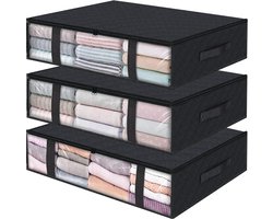3 Pack Opbergzak voor Onder het Bed - Ruimtebesparende Opbergbox met Kijkvensters - Ritsen en Handvatten - Opvouwbare Opbergruimte voor Kleding, Dekens en Dekbedden - Zwart