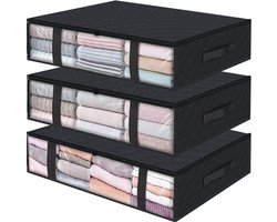 3 Pack Opbergzak voor Onder het Bed - Ruimtebesparende Opbergbox met Kijkvensters - Ritsen en Handvatten - Opvouwbare Opbergruimte voor Kleding, Dekens en Dekbedden - Zwart