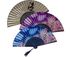 3 Pack Opvouwbare Handheld Fans - Chinese Stijl - Zijde Stof Fans - Holle Gesneden Bamboe Fans - Decoratieve Accessoires Voor Feesten - Muren Bruiloften en Huizen