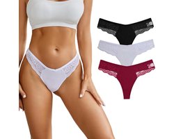 3 Pack - Sexy Dames String - Ribstof en Kant - Rood, Wit en Zwart - Dames Lingerie / Ondergoed - 95% Katoen - Maat M
