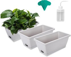 3 Pack Window Box Planter met Drainage Tray Plant Label & Tuingereedschap Rechthoek Plastic Bloem Groente Kruid Pot Box Vensterbank Tuin Balkon Sappige Cactus Home Office Keuken Veranda Décor Grijs