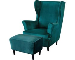 3 Piece Velvet Ear Armchair Cover met Voetensteun Bedekking - Ear Chair Cover en Voetensteun Cover - Sofa Cover met Elastische Band - Stretch Tiger Chair Cover met Armleuning - Hoge Rug - Donkergroen