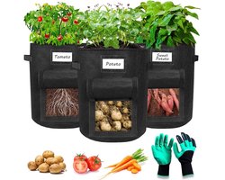 3 Pieces Potato Plant Bag with Sturdy Handles and Visual Flap, Thickened and Breathable Fleece Pots with Garden Gloves - ShopVlot