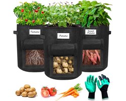 3 Pieces Potato Plant Bag with Sturdy Handles and Visual Flap, Thickened and Breathable Fleece Pots with Garden Gloves - ShopVlot