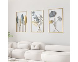 3 Pieces Wanddecoratie - Wanddecoratie Woonkamer - 43 x 30 cm - Moderne Gouden Metalen Bladeren voor Slaapkamer