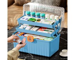 3-planken voor het bewaren van medicijnen, huisapotheekbox met handvat, grote medicijnbox kunststof met deksel, afsluitbaar, medicijnbox voor thuis, kantoor, buiten, blauw