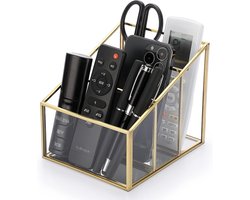 3 Slots Gouden Metalen Duidelijke Glazen Remote Control Opberghouder - Multifunctionele Desktop Organizer voor Thuis en Kantoor met Ruimte voor Accessoires
