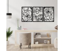 3 stucks flowers modern deco muurdecoratie - Wanddecoratie - Zwart - Houten art - Muurdecoratie - Line art - Wall art - Bohemian - Wandborden - Woonkamer - 105x50 cm