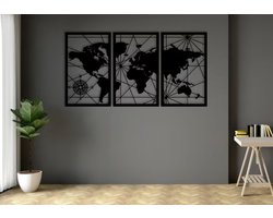 3 stucks wereldkaart modern deco muurdecoratie - Wanddecoratie - Zwart - Houten art - Muurdecoratie - Line art - Wall art - Bohemian - Wandborden - Woonkamer - 110x60cmcm