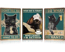 3 stuks 20 x 30 cm metalen borden met opschrift zwarte kat - grappige metalen borden - retro metalen bordjes voor keuken - café - badkamer - wanddecoratie (stijl C)