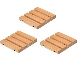 3 stuks - Bamboe zeepbakje met afvoer - Vierkant zeepbakje - Badkamerplankje - 7*7*1 cm - Natuurlijke houtkleur