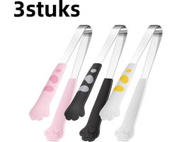 3 stuks - Barbecuetang - Voedseltang - Baktang - Geschikt voor gebruik in de keuken thuis, bij barbecues buiten, als salade- en broodtang - Kattenpootontwerp - Zwart, wit, roze
