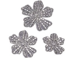 3 Stuks Bloemige Rhinestone Applicaties voor Grijze Vilt - Borduurpatches voor DIY Creaties en Versieringen
