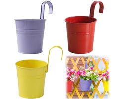 3 stuks bloempotten - Kruiden plantenbak - IJzeren tuinemmer - Hangende bloempotten - Bloempotten voor aan de schutting - Met drainagegat - Afneembare haken - Geschikt voor tuin-, terras- en balkondecoratie (10*16 cm - Diverse kleuren)