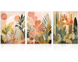 3 Stuks Boho Tropische Jungle Wanddecoratie Set, Moderne Abstracte Botanische Posters Voor Woonkamer Slaapkamer 30x40 Cm Zonder Lijst | Tropische aardeprints, bloemenkunst, oranje en groen, decoratie voor slaapkamer en woonkamer