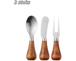 3 stuks - Botermes - Houten handvat - Staande minismeerlepel - Inclusief vork en lepel - Smeerlepel voor brood, pindakaas, kaas en jam - Wordt geleverd met opbergdoos - Geel