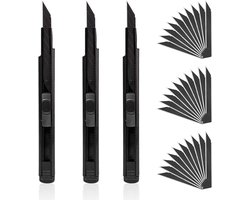 3 stuks cuttermes set, 3 stuks 9mm messen met 30 stuks 30° afbreekklingen, intrekbare professionele cuttermessen gevormd universele messen, zwart hoogprecieze knutselmessen voor karton, folies, papier