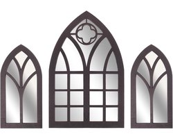 3 Stuks Decoratieve Gotische Boog Spiegel van Houten Lijst Wanddecoratie met Raamspiegel Heldere Reflectie voor Woonkamer Hal Eenvoudig Te Installeren Versterkt Licht Ruimte