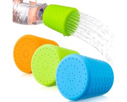 3 stuks - draagbare buiten douche - waterkoker accessoires buiten waterbespieter accessoires - geschikt voor de meeste plastic flessen - draagbare buiten - silicone spray hoofd - camping strand reizen, honden baden - blauw + groen + oranje