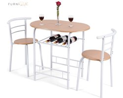 3 Stuks eettafel set, 1 tafel en 2 stoelen set, 3 stuks compacte keukentafel set, ovale tafel en midden-rug stoelen met ingebouwd rek, metalen frame...