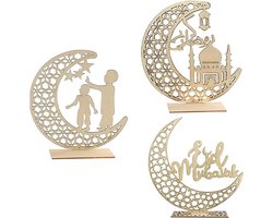3 stuks Eid Mubarak decoratie, hout Ramadan decoratie maan sterren voor DIY Eid Home Slaapkamer Bruiloft Party Tafel Decoraties (3 stijlen)