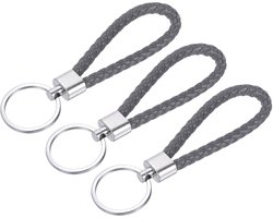 3 stuks gevlochten lederen sleutelhangers, thuis PU sleutelring geweven decoratieve omhangbanden voor tassen portemonnees (grijs), grijs, 12 cm