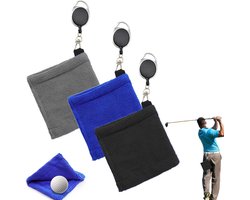 3 stuks - Golfbal Handdoek - Golftas Amfibie Handdoeken - met intrekbare gesp - Zachte en delicate golfhanddoek - Duurzame golfclubreiniger - voor fitness, buitensporten - 12*12 cm - zwart, blauw en grijs
