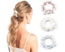 3 stuks haarelastiekjes met parels - elastisch - rekbaar - haaraccessoires voor dames en meisjes - elastische paardenstaart-houder - hoofdbanden - parelhaarbanden - trendy haarmode