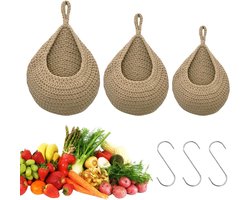 3 stuks handgeweven hangmanden met 3 haken - katoenen stof fruitmand voor keuken woonkamer slaapkamer (klein medium groot licht hennepkleur)