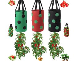 3 stuks - Hangende aardbeienplantzakken van 3 gallon - Duurzame en ademende plantenplantzakken voor groenten - Aardbeienplantzakken met 13 gaten - Rood groen en zwart - 20x35 cm - Geschikt om op te hangen of neer te zetten op balkons, terrassen