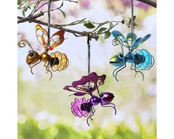 3 stuks hangende bijenlampen op zonne-energie, tuinlantaarn met zonne-energie en led-verlichting, metalen beelden als tuindecoratie, zonne-energielampjes in de vorm van bijen, lieveheersbeestjes en vlinders met veer, zonne-energielampjes voor dieren