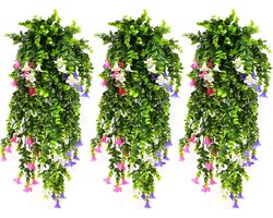 3 Stuks Hangende Trompetbloemen - Kunstplanten voor Binnen en Buiten - 65 cm - Roze, Wit, Paars - Wanddecoratie en Tuinaccessoire