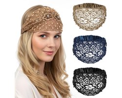 3 stuks - Hoofdbanden - Headband Dames - Hoofdband - kanten hoofdband stijl - kanten haarbanden voor dames - elastische brede boho haarbanden - met bloemenkant en oogjes - haaraccessoires - haarelastiekje - blauw, zwart, kaki