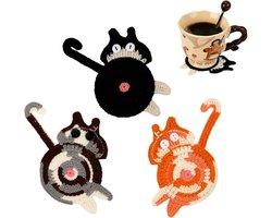 3 stuks - Katten onderzetters in gehaakte stijl - Schattige kattenkont onderzetters - 15 x 10 cm - Zwart-wit, oranje en grijs-wit-bruin - Decoratieve en functionele onderleggers voor tafel, keuken, eettafel of café - Stijlvolle kattenaccessoires