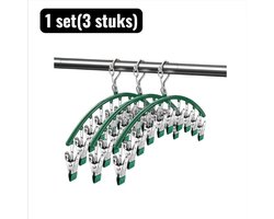3 stuks - Kleerhanger - Wasknijpers - RVS Sokkenclemmen Rek - Multifunctioneel Waslijn met 10 Klemmen voor Sokken, Onderbroeken en Kleding - Groen