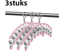 3 stuks - Kleerhanger - Wasknijpers - RVS Sokkenclemmen Rek - Multifunctioneel Waslijn met 10 Klemmen voor Sokken, Onderbroeken en Kleding - Roze