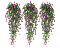 3 stuks kunstmatige hangende bloemen buiten, nep hangende eucalyptusplanten wijnstokken, UV-bestendig faux plastic hangende groene planten voor huis tuin tuin bruiloft patio kamer muur decor Fuchsia
