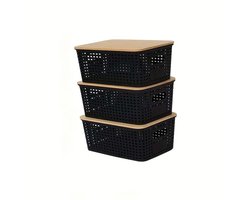 3 stuks kunststof opbergbakken met bamboe deksels, kleine stapelbare organizers voor planken, lades, bureaus, kasten, speelkamers, klaslokalen, kantoren en woningen