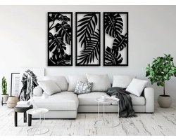 3 stuks Leaf Wall Panel muurdecoratie - Wanddecoratie - Zwart - Houten art - Muurdecoratie - Line art - Wall art - Bohemian - Wandborden - Woonkamer - 105x50 cm