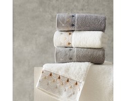 3 Stuks Luxueuze Geborduurde Handdoeken – 74x34 cm – Katoen – Ultrazacht en Absorberend – Wit, Blauw en Grijs – Badkameraccessoire en Cadeau