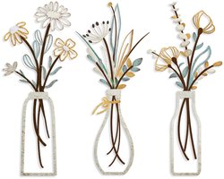 3 stuks metalen bloemenwandkunst - Landelijke boerderijdecoratie Beige minimalistische bloemenwanddecoratie, geschikt voor woonkamer, badkamer, slaapkamer, eetkamer (beige, vaas)
