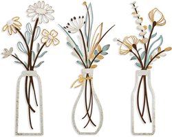 3 stuks - Muurdecoratie met metalen bloemenvaas - IJzeren wanddecoratie in artistieke stijl - Hangende metalen wandornamenten voor een stijlvolle inrichting van woonkamer, slaapkamer of hal - Decoratieve en duurzame wandkunst